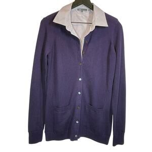 Vince Cashmere Sweater Contrast Collar Long Sleeve Cardigan Purple Womens Large